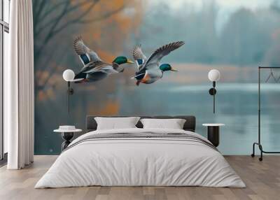 two mallard ducks, flying over a lake  Wall mural