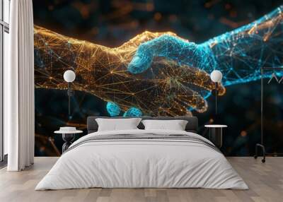 Two wire-frame glowing hands, handshake, technology  Wall mural