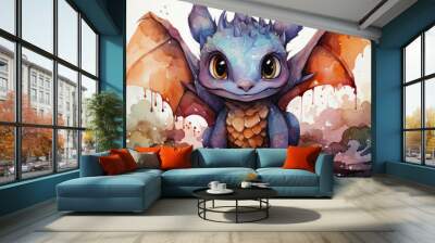 Cute dragon in watercolor style,  dragon smiling, dragon colorful Wall mural