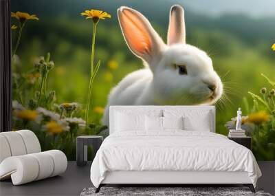 Cute white rabbit in the grass with flowers Wall mural