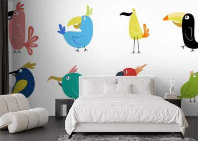 Funny cartoon birds. Collection of illustration  parrots Wall mural