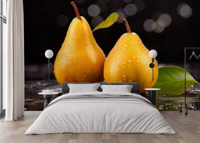 2 fresh yellow pears with droplets of water on black background Wall mural