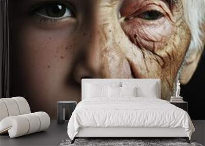 A man face divided into two halves - young and old. Wall mural