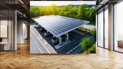 A modern solar carport for public vehicle parking is outfitted with solar panels producing renewable energy. Generative AI. Wall mural