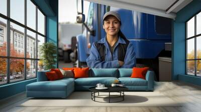 A smiling female truck driver. Wall mural