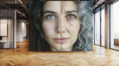 A woman face divided into two halves - young and old.  Wall mural