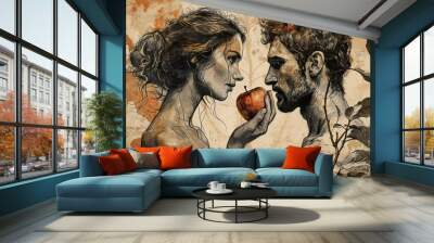 Adam and Eve with an apple. The concept embodies temptation and choice. Wall mural