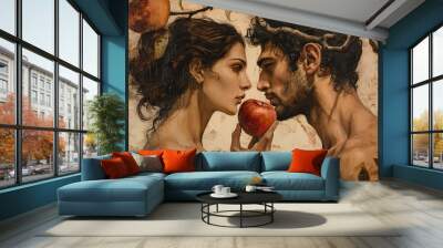 Adam and Eve with an apple. The concept embodies temptation and choice. Wall mural