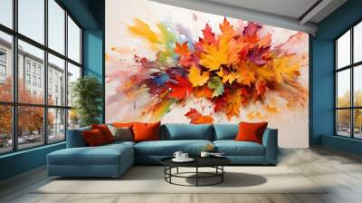 Art work with autumn maple leaves and different colors of paint. Wall mural