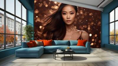 Asian woman in brown dress on brown sparkling background. Wall mural