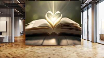 Bible on table with pages folded into heart shape. The symbol of Christ. Generative AI. Wall mural