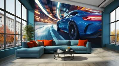 Blue car on high speed with motion blur. Wall mural