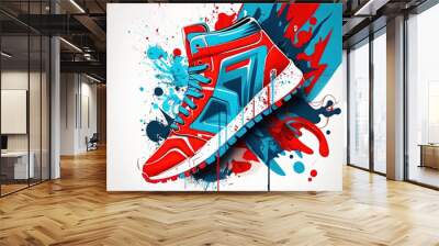 Brand board street art graffiti flat design futuristic shoe, red and blue. Generative AI. Wall mural