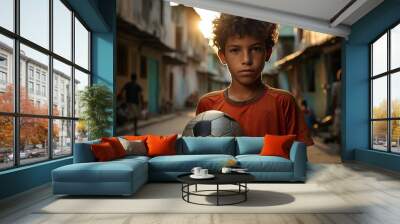 Brazilian boy holding a soccer ball in a favela. Wall mural