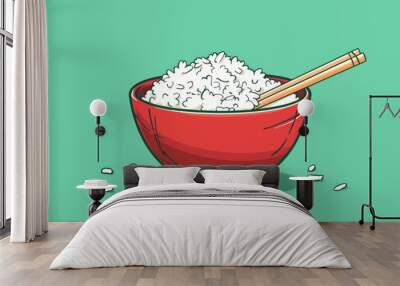 Cartoon of a red bowl of rice with chopsticks on a green background. Wall mural