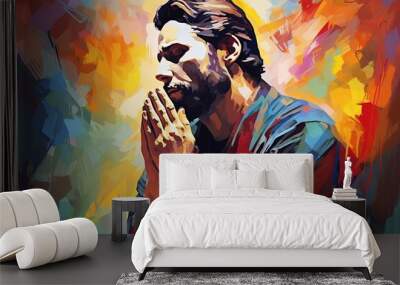 Colorful painting art of a man praying and worshiping. Wall mural