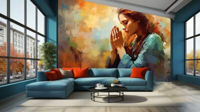 Colorful painting art of a woman praying and worshiping. Wall mural