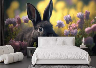 Cute little black bunny in a field of flowers. Generative AI. Wall mural