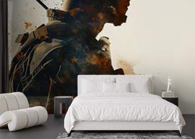 Double exposure soldier and US flag.  Wall mural