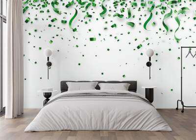 Falling green confetti and streamers seamless pattern on white background. Wall mural