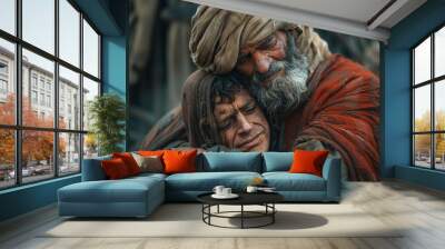 Father embracing his son, Bible story of the prodigal son. Wall mural