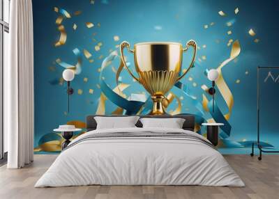 Golden trophy and streamers in sport competition with blue background. Wall mural