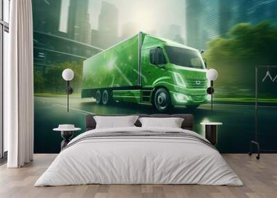 Green transportation concept with delivery truck. Wall mural