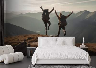 Hikers with backpacks jumping with arms up on top of a mountain. Generative AI. Wall mural