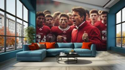 Inspiring high school football coach delivering a passionate speech. Wall mural