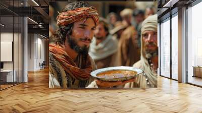 Jacob gives a plate of soup to Esau, Bible story. Sale of firstborn. Wall mural