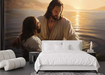 Jesus is baptized by John. Wall mural