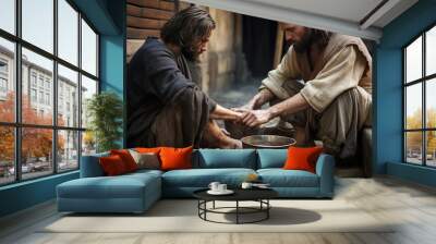 Jesus kneeling and washing men’s feet. Wall mural