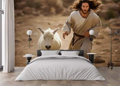 Jesus runs after lost lamb. Wall mural