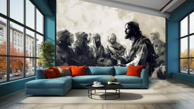 jesus teaches people, people sit around him. black and white illustration. Wall mural