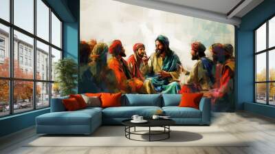 Jesus teaches people, people sit around Him. Wall mural