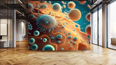 Macro close up shot of bacteria and virus cells in a scientific laboratory petri dish. Generative AI. Wall mural