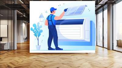 Male technician cleaning air conditioner. Wall mural