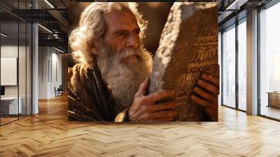 Moses holding the stone tablets with the 10 commandments, Bible story. Wall mural