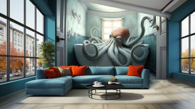 Octopus in white bathroom. Generative AI. Wall mural