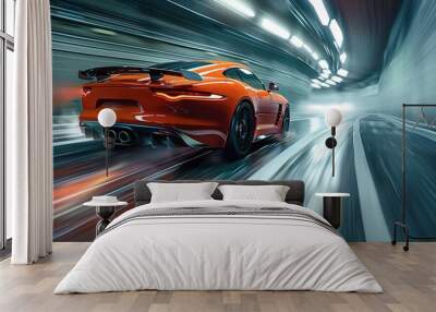 Orange car on high speed with motion blur. Wall mural