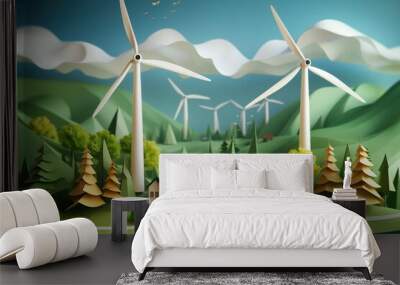 Paper art, renewable energy with green energy as wind turbines. Generative AI. Wall mural