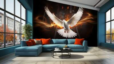 Pentecost background with flying dove and fire. Wall mural