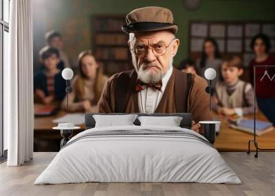 Portrait of angry old teacher in a class at elementary school. Wall mural