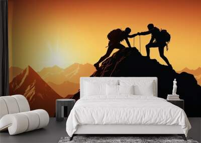 Silhouettes of two people climbing on mountain and helping each other. Wall mural