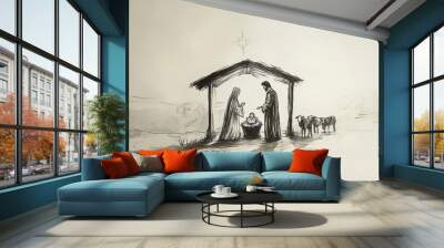 Sketch of Baby Jesus, Mary and Joseph in Bethlehem. Wall mural