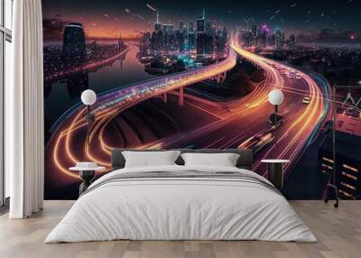 Smart digital city with high speed light trail of cars of digital data transfer. Generative AI. Wall mural