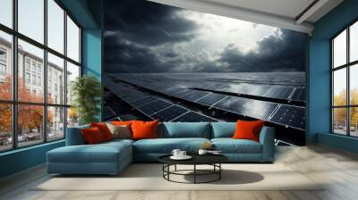 Solar panels against dramatic weather. Generative AI. Wall mural