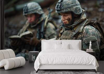 Soldier reading Bible. Wall mural