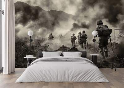 Soldiers on the battlefield, black and white. Wall mural