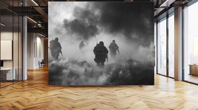 Soldiers on the battlefield, black and white. Wall mural